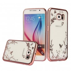 Samsung Galaxy J7 - Secret Garden Floral and Butterfly Bling Rhinestone Electroplated Clear Soft TPU Protective Phone Cover Case - Rose Gold and White Flower
